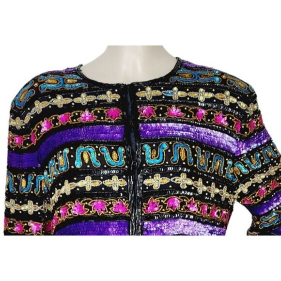 Vintage 80s Tate Mate 100% Silk Beaded Sequined Mixed Media Party Jacket India - Picture 4 of 12
